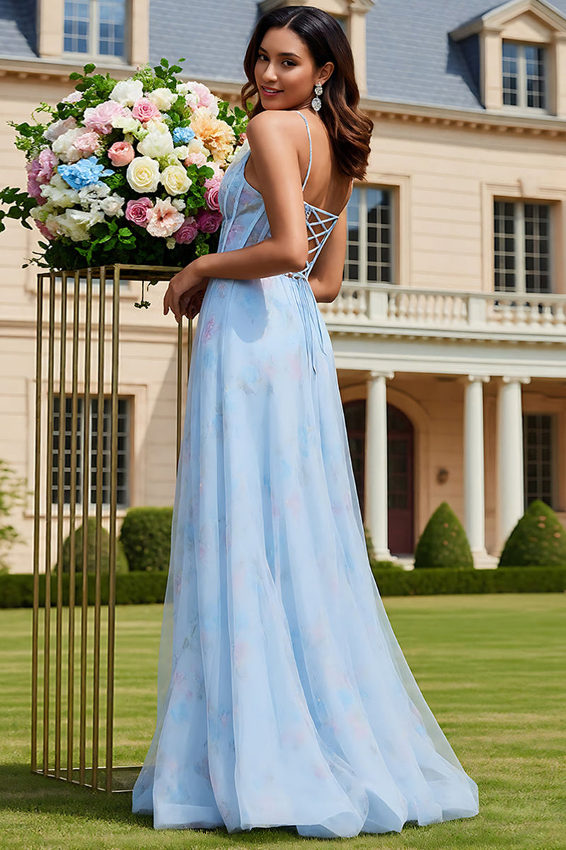 Load image into Gallery viewer, Floral Light Blue Tulle A-Line Long Corset Prom Dress with Slit