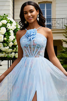 Load image into Gallery viewer, Floral Light Blue Tulle A-Line Long Corset Prom Dress with Slit