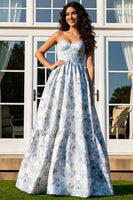 Load image into Gallery viewer, Light Blue Floral A-Line Jacquard Strapless Long Prom Dress