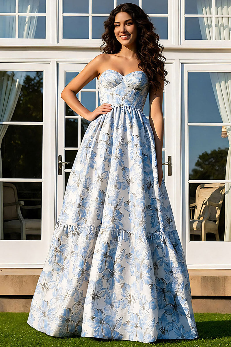 Load image into Gallery viewer, Light Blue Floral A-Line Jacquard Strapless Long Prom Dress