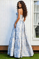 Load image into Gallery viewer, Light Blue Floral A-Line Jacquard Strapless Long Prom Dress
