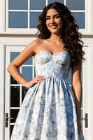 Load image into Gallery viewer, Light Blue Floral A-Line Jacquard Strapless Long Prom Dress