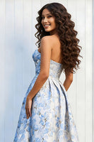 Load image into Gallery viewer, Light Blue Floral A-Line Jacquard Strapless Long Prom Dress