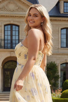 Load image into Gallery viewer, Plus Size Yellow Floral One Shoulder A-Line Long Prom Dress with Slit