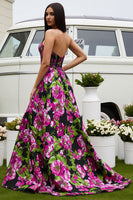 Load image into Gallery viewer, Floral Black A-Line Strapless Long Satin Prom Dress