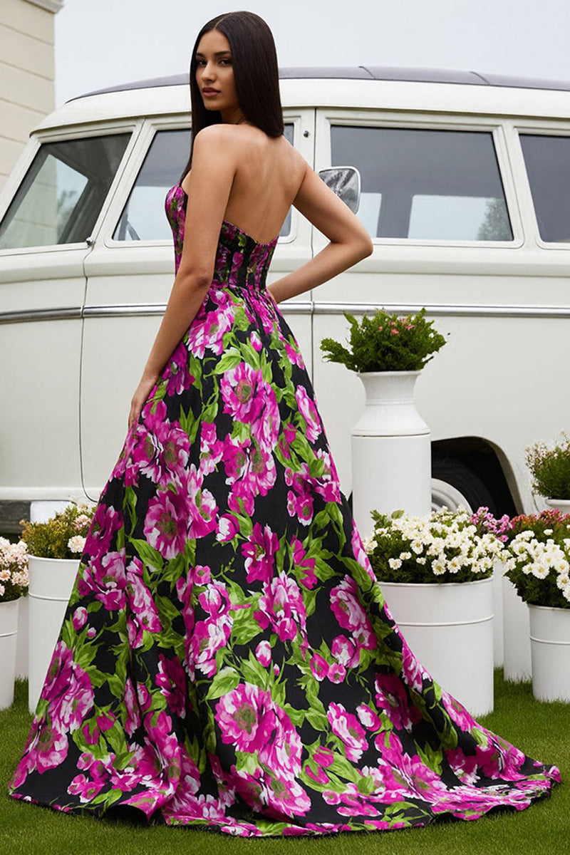 Load image into Gallery viewer, Floral Black A-Line Strapless Long Satin Prom Dress