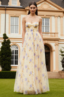 Load image into Gallery viewer, Yellow Floral A-Line Spaghetti Straps Long Prom Dress