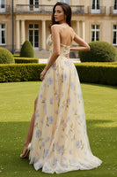 Load image into Gallery viewer, Yellow Floral A-Line Spaghetti Straps Long Prom Dress