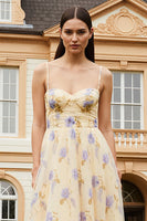 Load image into Gallery viewer, Yellow Floral A-Line Spaghetti Straps Long Prom Dress