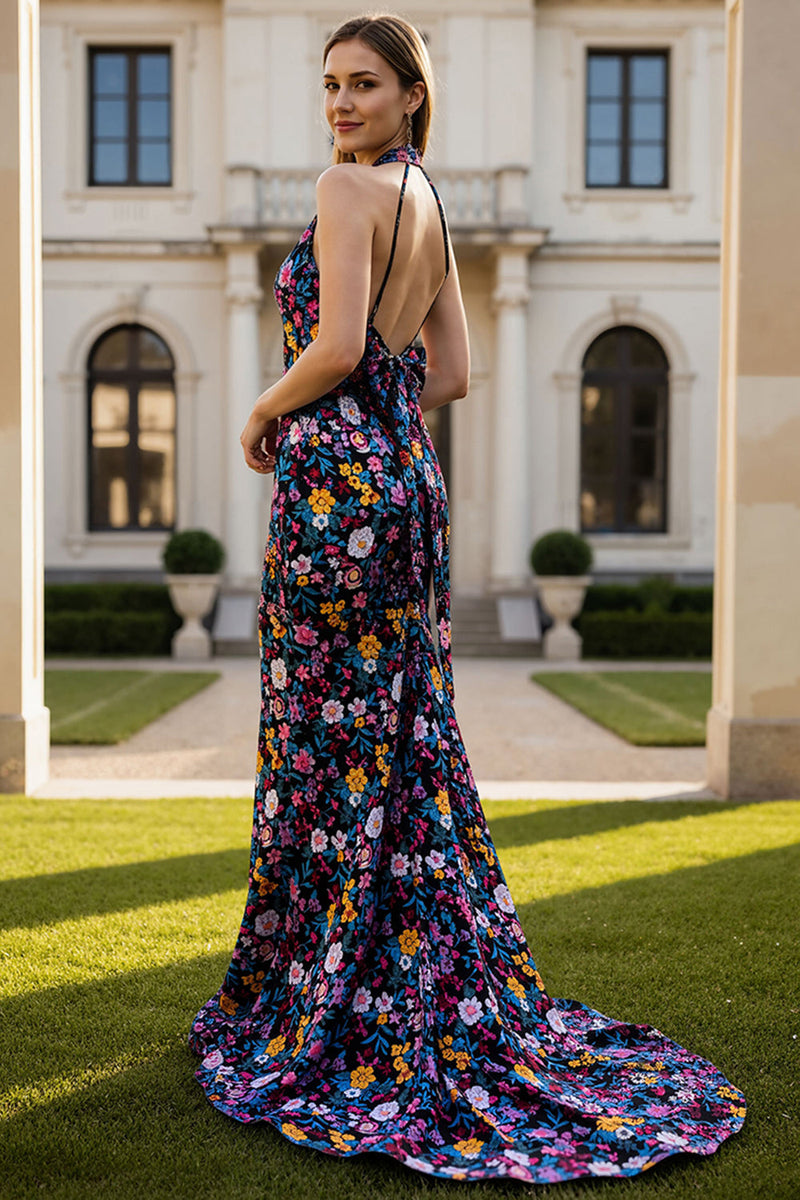 Queendancer Women Floral Black Long Prom Dress with Bow Mermaid Halter