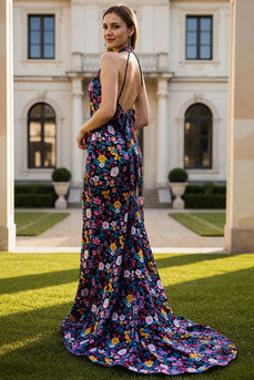 Floral Black Mermaid Halter Neck Long Prom Dress with Bow