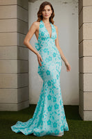 Load image into Gallery viewer, Green Mermaid Floral Halter Neck Long Prom Dress with Bow