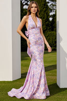 Load image into Gallery viewer, Mermaid Lilac Floral Halter Neck Long Prom Dress with Bow
