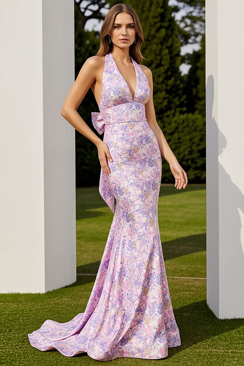 Load image into Gallery viewer, Mermaid Lilac Floral Halter Neck Long Prom Dress with Bow