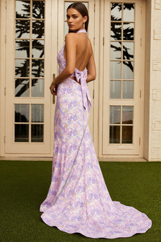 Mermaid Lilac Floral Halter Neck Long Prom Dress with Bow