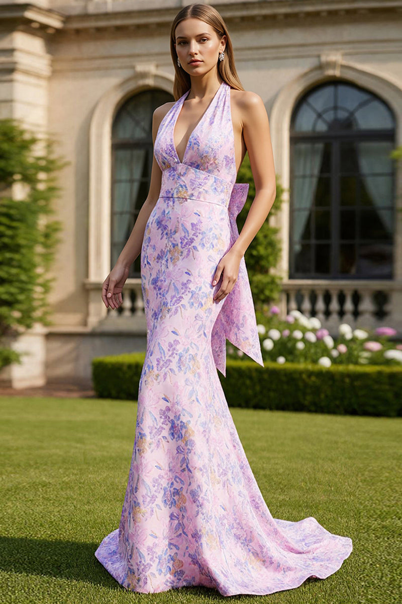 Load image into Gallery viewer, Mermaid Lilac Floral Halter Neck Long Prom Dress with Bow