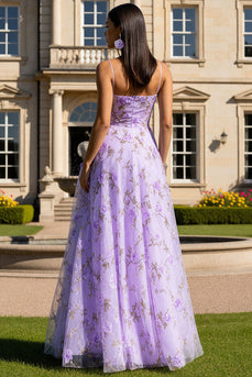 Floral Lilac Spaghetti Straps Long Prom Dress with 3D Flowers