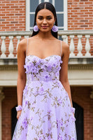 Load image into Gallery viewer, Floral Lilac Spaghetti Straps Long Prom Dress with 3D Flowers
