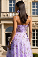 Load image into Gallery viewer, Floral Lilac Spaghetti Straps Long Prom Dress with 3D Flowers