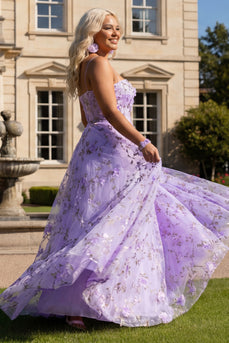 Lilac Plus Size Spaghetti Straps Floral Long Prom Dress with 3D Flowers