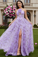 Load image into Gallery viewer, Lilac Floral A Line Keyhole Long Prom Dress with 3D Flower