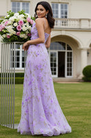 Load image into Gallery viewer, Lilac Floral A Line Keyhole Long Prom Dress with 3D Flower