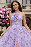 Load image into Gallery viewer, Lilac Floral A Line Keyhole Long Prom Dress with 3D Flower