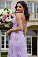 Load image into Gallery viewer, Lilac Floral A Line Keyhole Long Prom Dress with 3D Flower