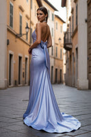 Load image into Gallery viewer, Sparkly Light Blue Beaded Mermaid Halter Long Prom Dress with Bow