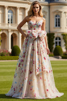 Load image into Gallery viewer, Ivory Floral Corset Spaghetti Straps Long Prom Dress with Bow