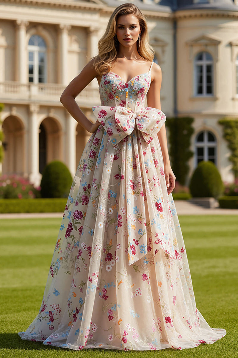 Load image into Gallery viewer, Ivory Floral Corset Spaghetti Straps Long Prom Dress with Bow