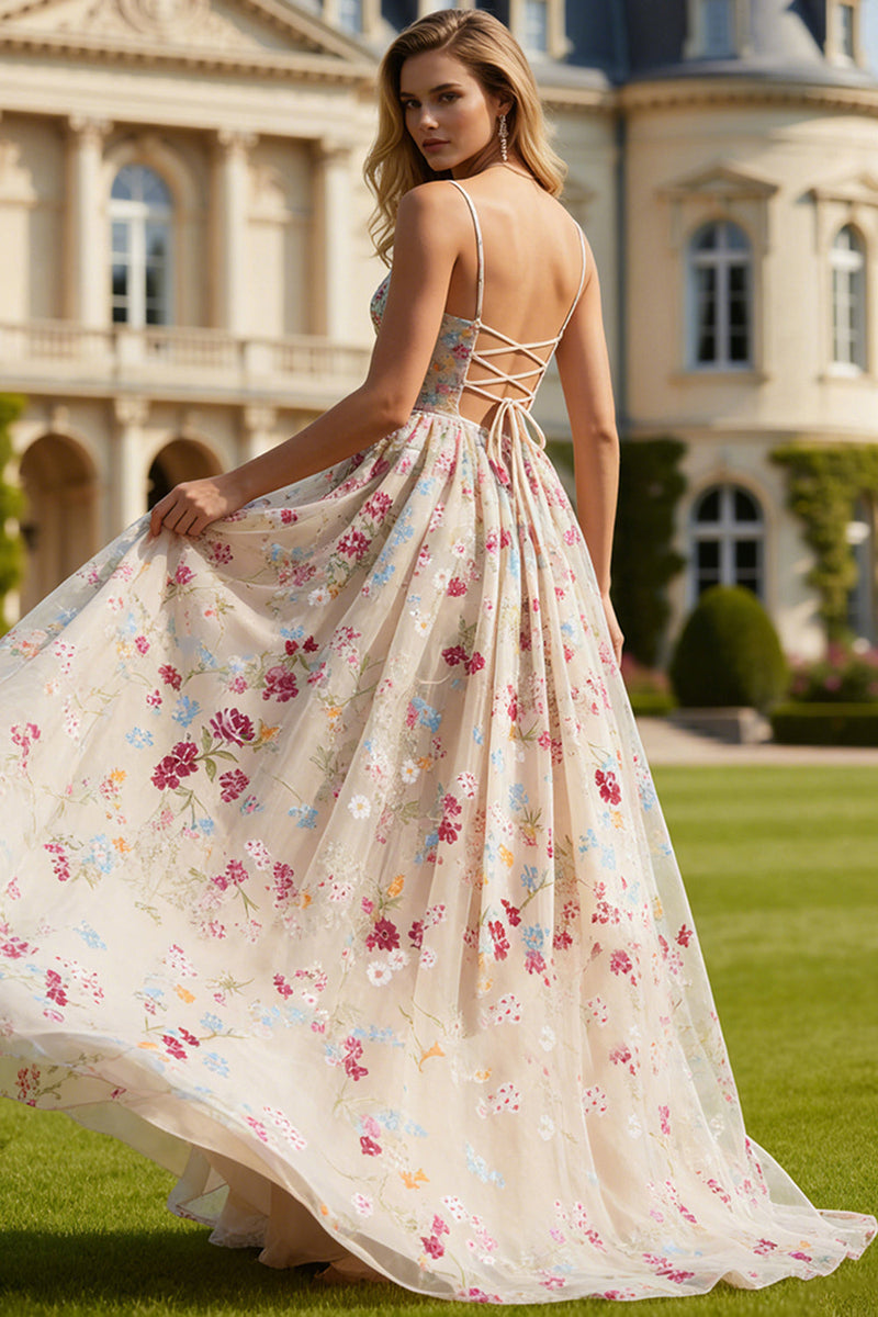 Load image into Gallery viewer, Ivory Floral Corset Spaghetti Straps Long Prom Dress with Bow