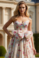 Load image into Gallery viewer, Ivory Floral Corset Spaghetti Straps Long Prom Dress with Bow