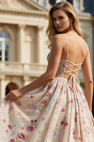 Load image into Gallery viewer, Ivory Floral Corset Spaghetti Straps Long Prom Dress with Bow