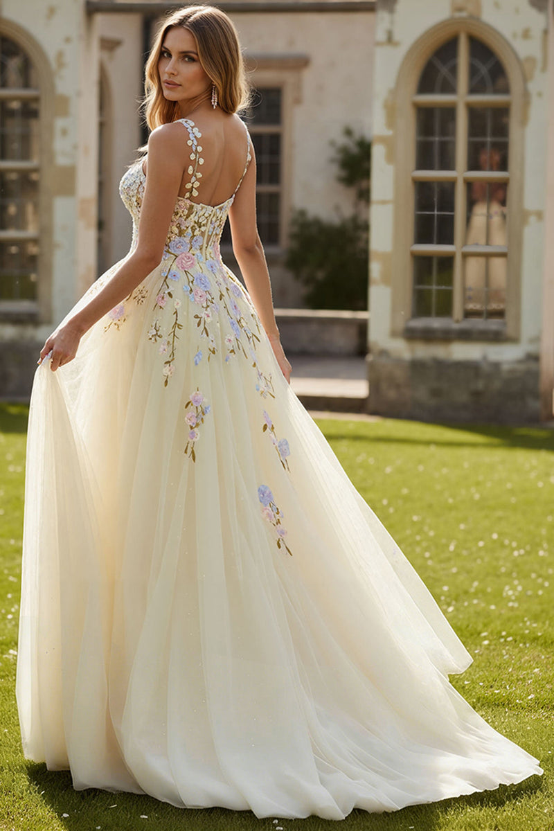 Load image into Gallery viewer, Daffodil Floral Corset Spaghetti Straps A Line Long Prom Dress