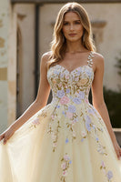 Load image into Gallery viewer, Daffodil Floral Corset Spaghetti Straps A Line Long Prom Dress