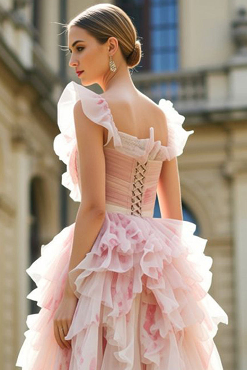 Load image into Gallery viewer, Blush Floral Ruffled Square Neck A Line Long Prom Dress with Keyhole