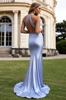 Load image into Gallery viewer, Sparkly Light Blue Beaded Mermaid Halter Long Prom Dress