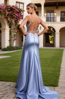 Load image into Gallery viewer, Sparkly Light Blue Spaghetti Straps Corset Sheath Long Prom Dress with Slit