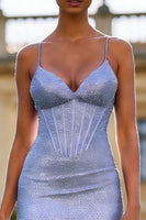 Load image into Gallery viewer, Sparkly Light Blue Spaghetti Straps Corset Sheath Long Prom Dress with Slit
