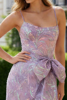 Load image into Gallery viewer, Sparkly Purple Sequins Sheath Spaghetti Straps Long Prom Dress with Bow