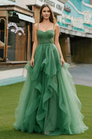 Load image into Gallery viewer, Sparkly Dark Green Ruffled Spaghetti Straps Long Prom Dress with Beading