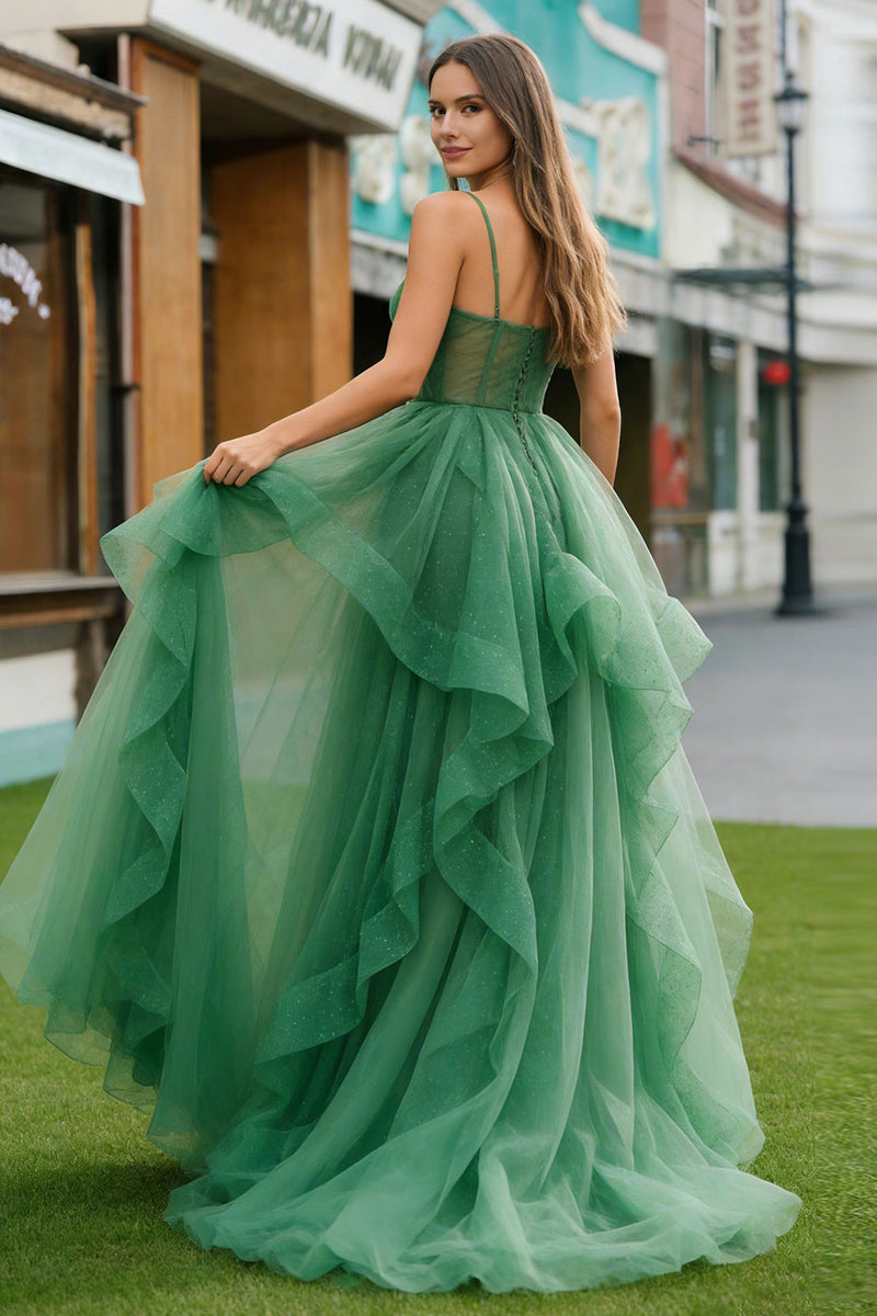 Load image into Gallery viewer, Sparkly Dark Green Ruffled Spaghetti Straps Long Prom Dress with Beading