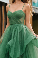 Load image into Gallery viewer, Sparkly Dark Green Ruffled Spaghetti Straps Long Prom Dress with Beading