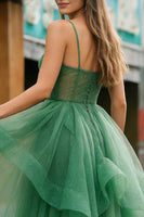 Load image into Gallery viewer, Sparkly Dark Green Ruffled Spaghetti Straps Long Prom Dress with Beading