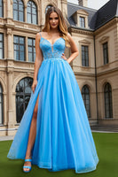 Load image into Gallery viewer, Sparkly Blue Tulle A Line Spaghetti Straps Long Prom Dress with Slit