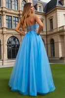 Load image into Gallery viewer, Sparkly Blue Tulle A Line Spaghetti Straps Long Prom Dress with Slit