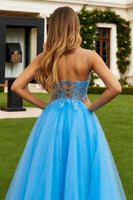 Load image into Gallery viewer, Sparkly Blue Tulle A Line Spaghetti Straps Long Prom Dress with Slit