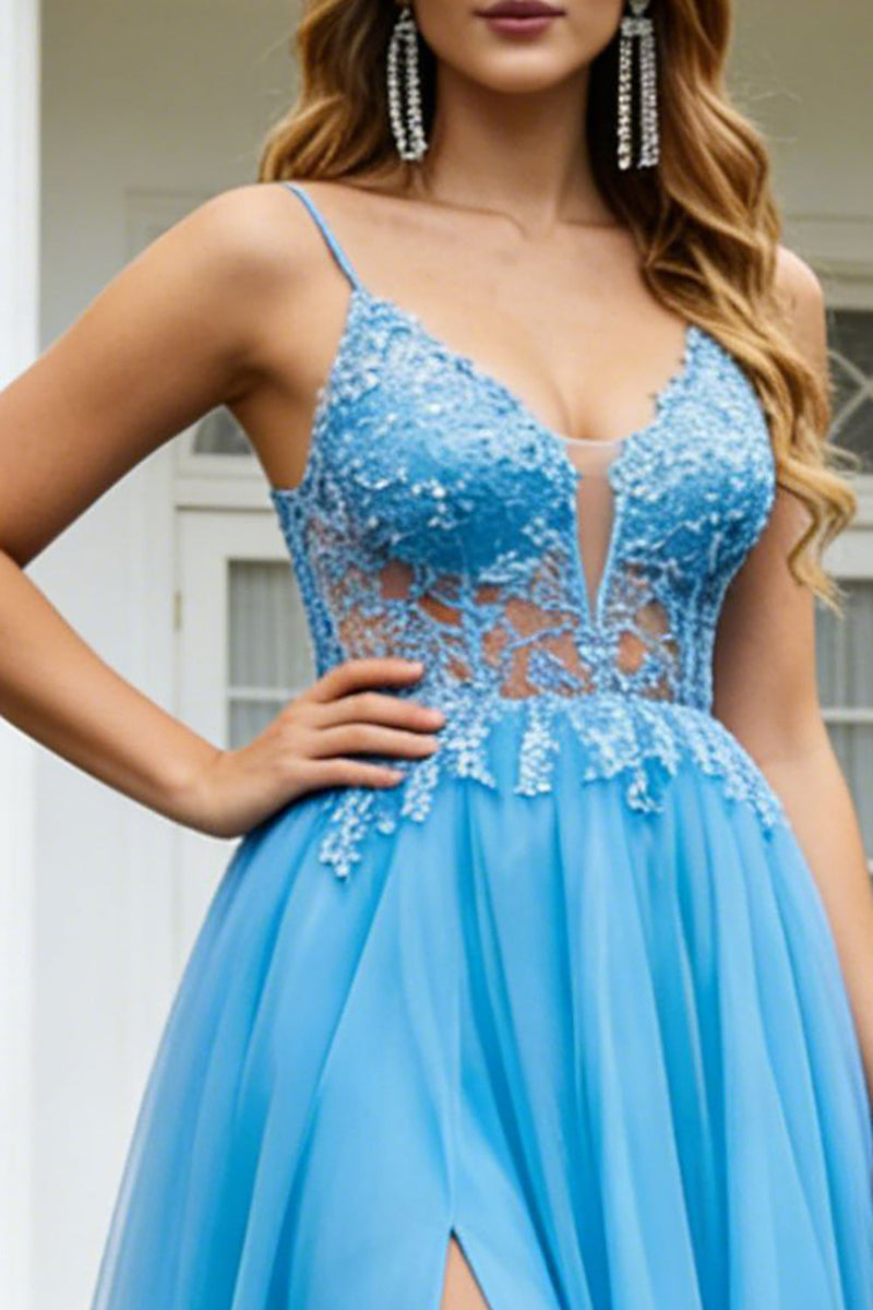 Load image into Gallery viewer, Sparkly Blue Tulle A Line Spaghetti Straps Long Prom Dress with Slit