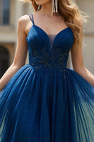 Load image into Gallery viewer, Sparkly Navy Spaghetti Straps Long Appliqued Prom Dress with Beading